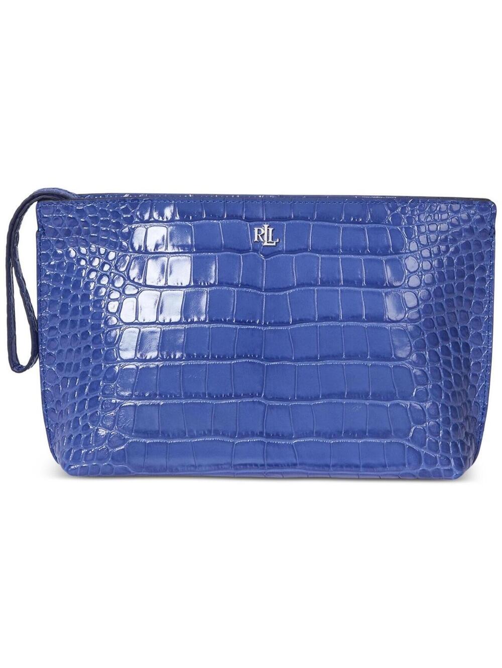 $175 Ralph Lauren Woman’s L Pouch Made Of Crocodile-Embossed Blue Leather OS